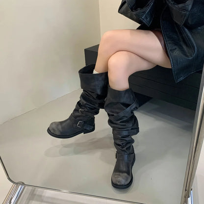 Eilyken Women’s Over-the-Knee Boots – Round Toe Punk Style with Pleated Buckle Strap, Low Square Heels for Autumn Winter