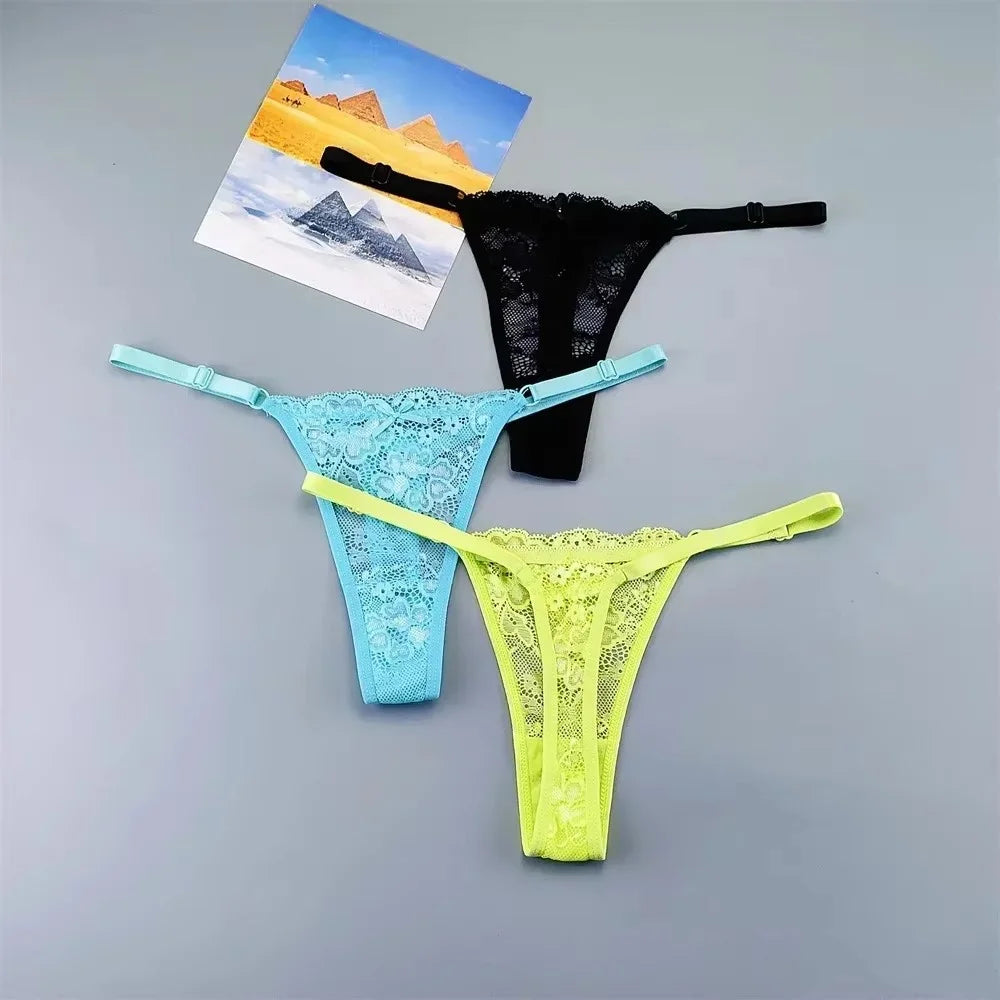 Women's Sexy Lace Thong Set - 3-Piece Sheer G-String Low Waist Plus Size Lingerie