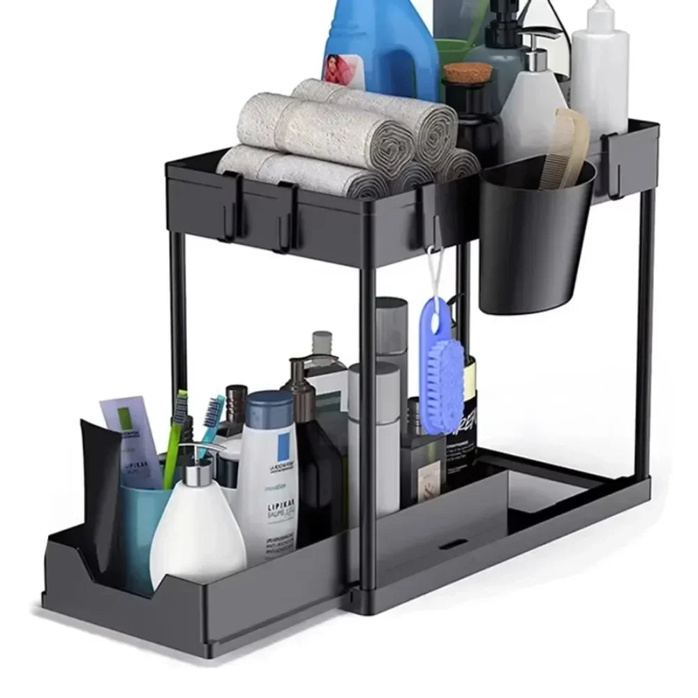 2-Tier Under Sink Sliding Organizer — Cabinet Basket Storage Rack with Hooks for Bathroom & Kitchen Cups