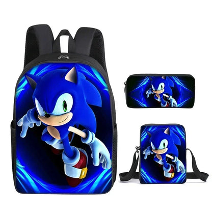 3PC Cartoon School Bag Set – Sonic Lunch Bag, Pencil Case & Backpack for Primary & Middle School Students