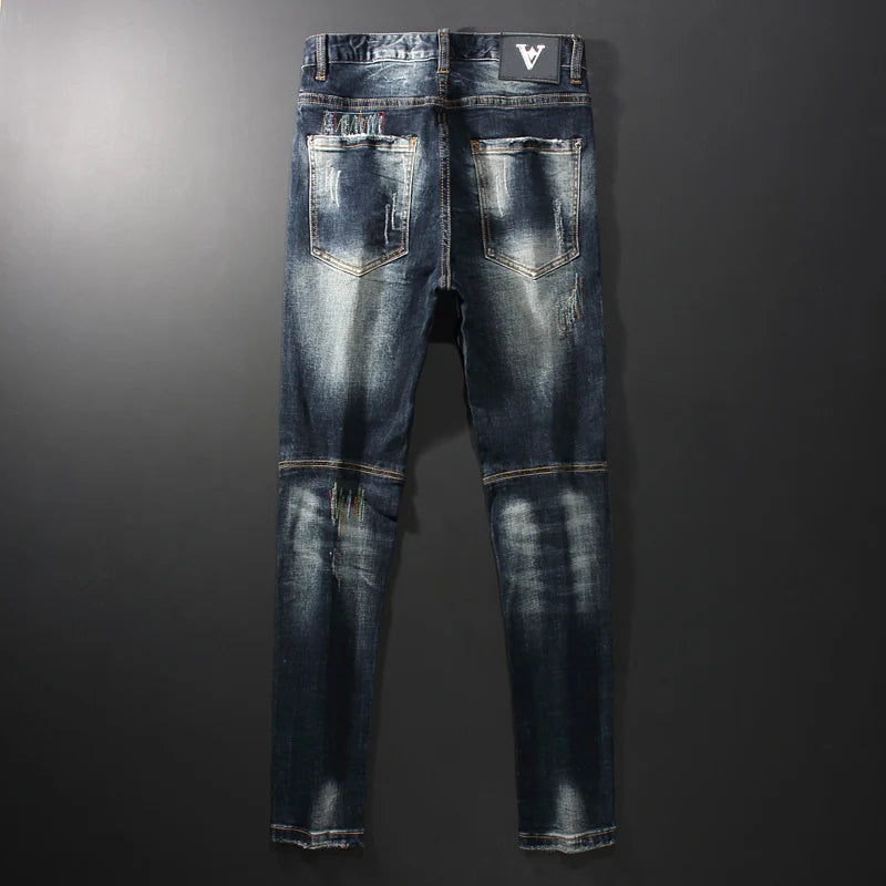 Streetwear Men’s Slim Fit Ripped Jeans – Retro Black & Blue Spliced Denim with Designer Embroidery, Hip Hop Fashion