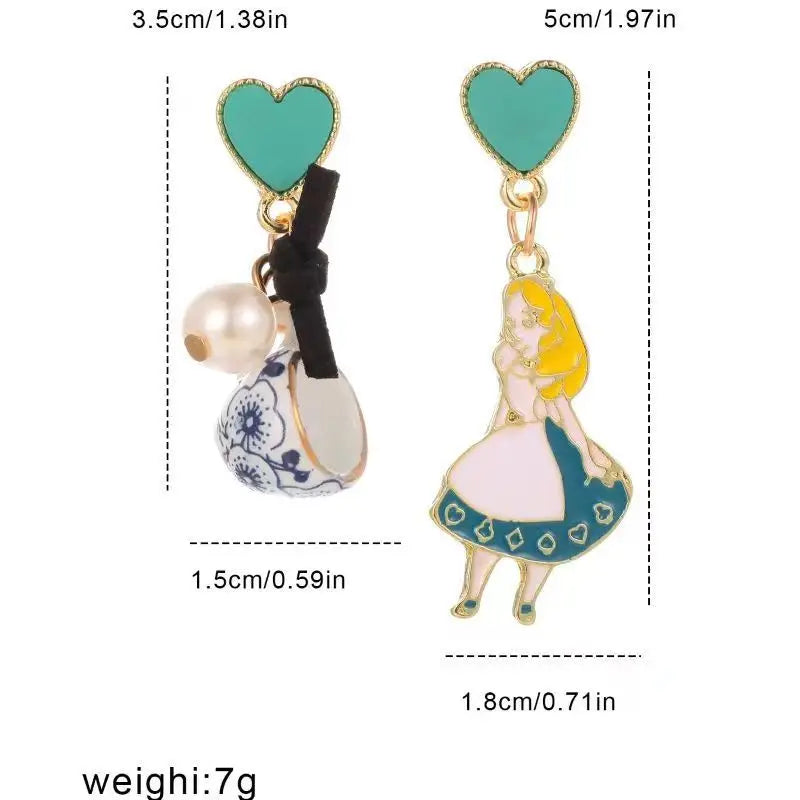 Fairy Tale Princess Alice Asymmetrical Earrings - Blue Heart Enamel Dangle Earrings with Imitation Pearls