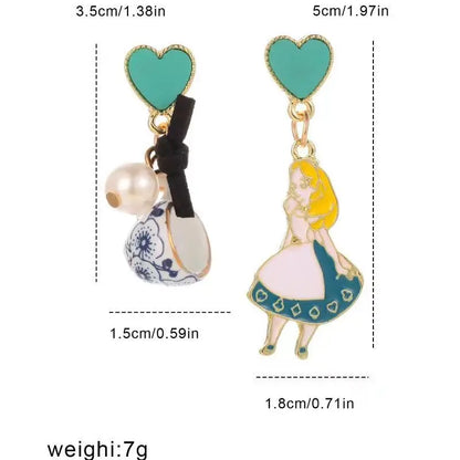 Fairy Tale Princess Alice Asymmetrical Earrings - Blue Heart Enamel Dangle Earrings with Imitation Pearls
