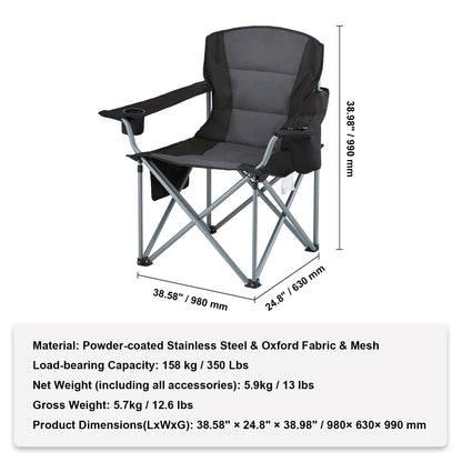 Camping Folding Chair — Portable Padded Armchair with Lumbar Support & Side Pockets for Beach, Lawn, Picnic
