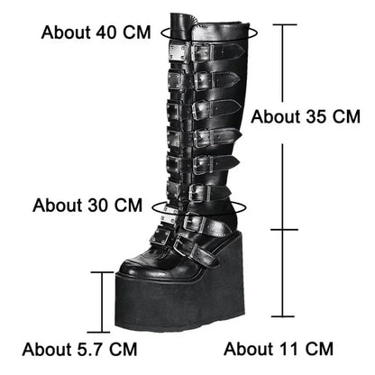 Women’s Gothic Boots – Cosplay High Heel Platform Wedges, Buckle Strap Long Tube Leather Boots, Plus Size Options