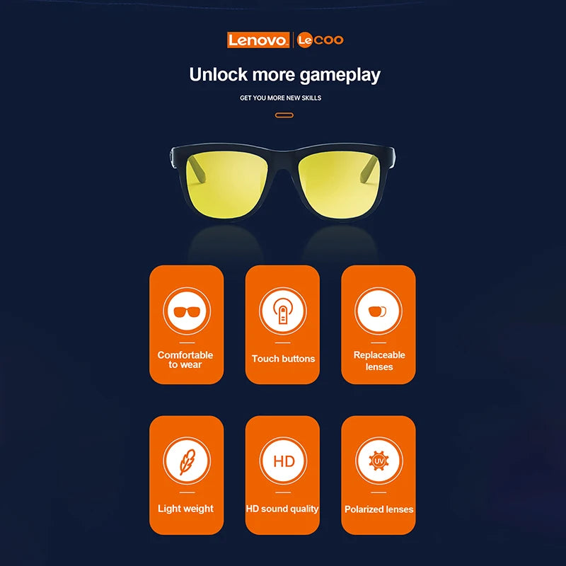 Lenovo Lecoo C8 Lite Bluetooth 5.3 Sunglasses – Wireless HiFi Earphones, HD Calls, Anti-Blue Light for Outdoor & Driving