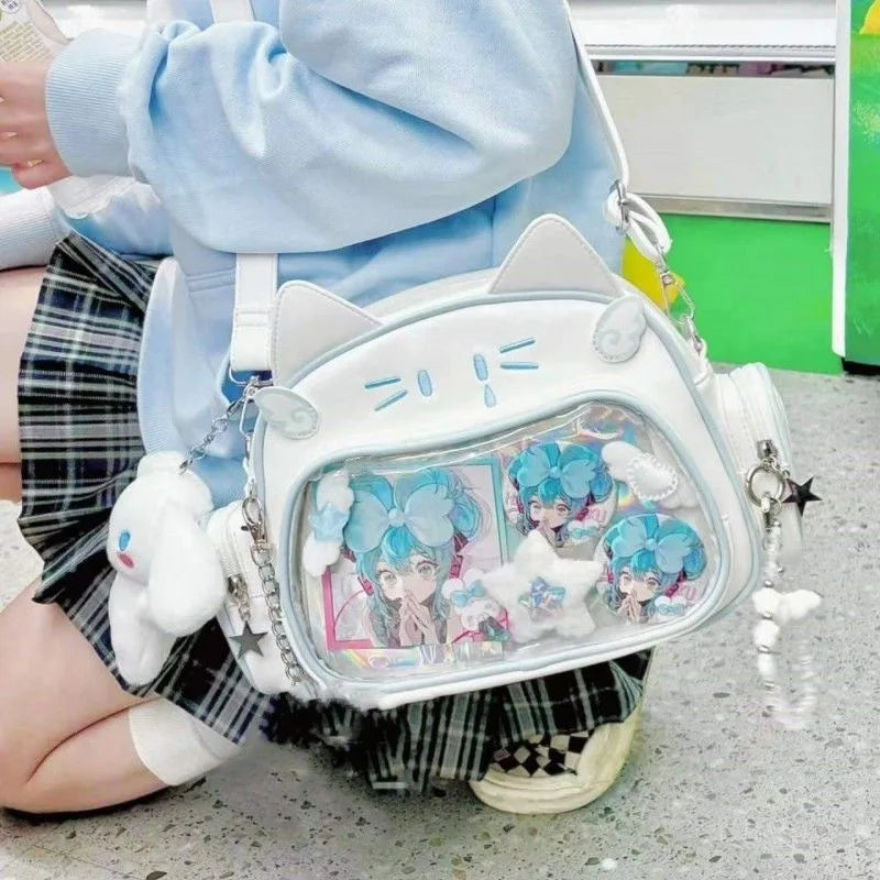 Y2K Korean Kawaii Cat Ita Bag — Cute PU Transparent Shoulder & Crossbody Bag for Girls, Harajuku Style Backpack