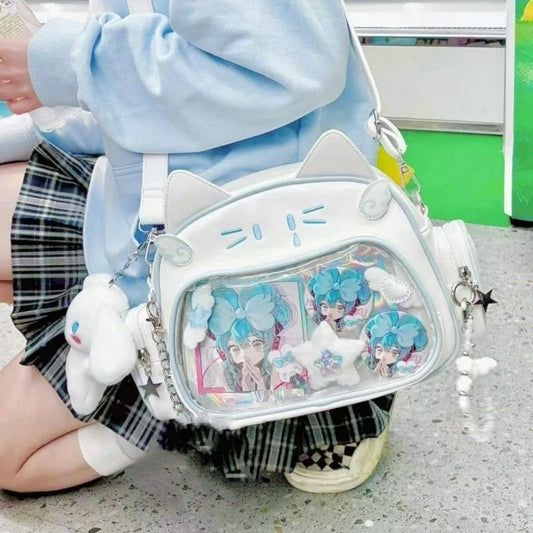 Y2K Korean Kawaii Cat Ita Bag — Cute PU Transparent Shoulder & Crossbody Bag for Girls, Harajuku Style Backpack