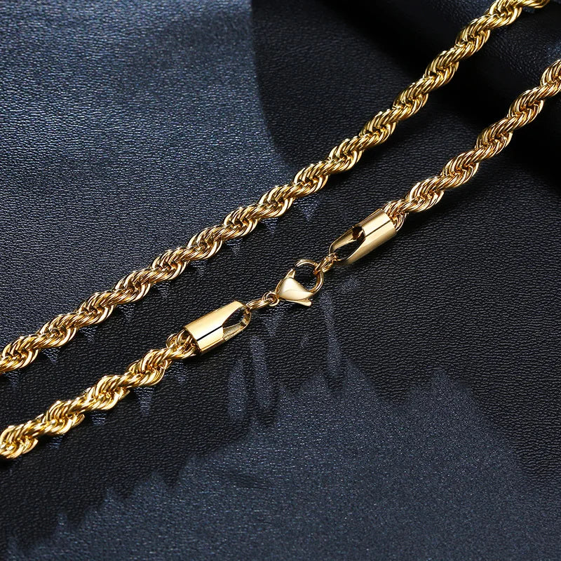 Vnox Dainty Gold Color Rope Chain Necklace – Chic Twisted Collar for Men & Women, Waterproof Stainless Steel, 2-5mm Width