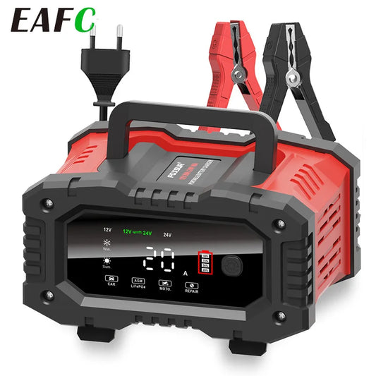 12V/24V Fully Automatic Smart Battery Charger — 7-Segment Pulse Repair for AGM, GEL, WET Lead-Acid Car Batteries