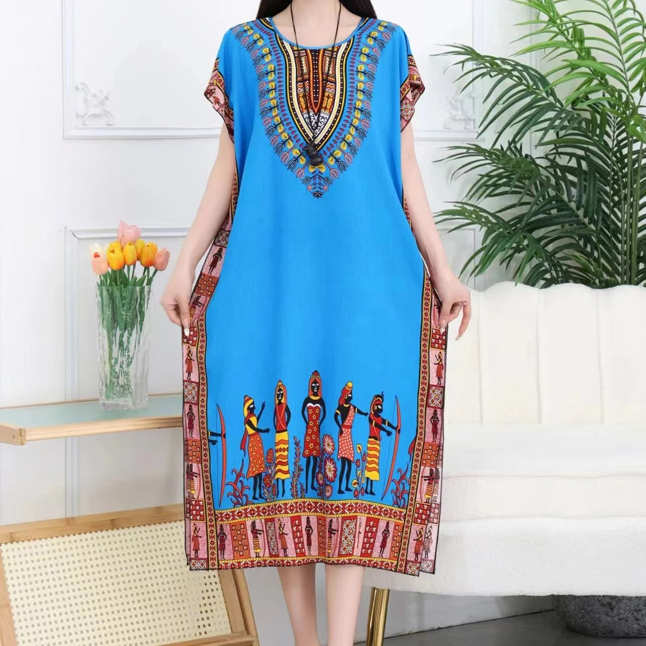Women’s Bohemian Floral Tunic Dress - Retro Ethnic Print Batwing Sleeve Loose Summer Maternity Streetwear