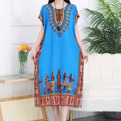 Women’s Bohemian Floral Tunic Dress - Retro Ethnic Print Batwing Sleeve Loose Summer Maternity Streetwear