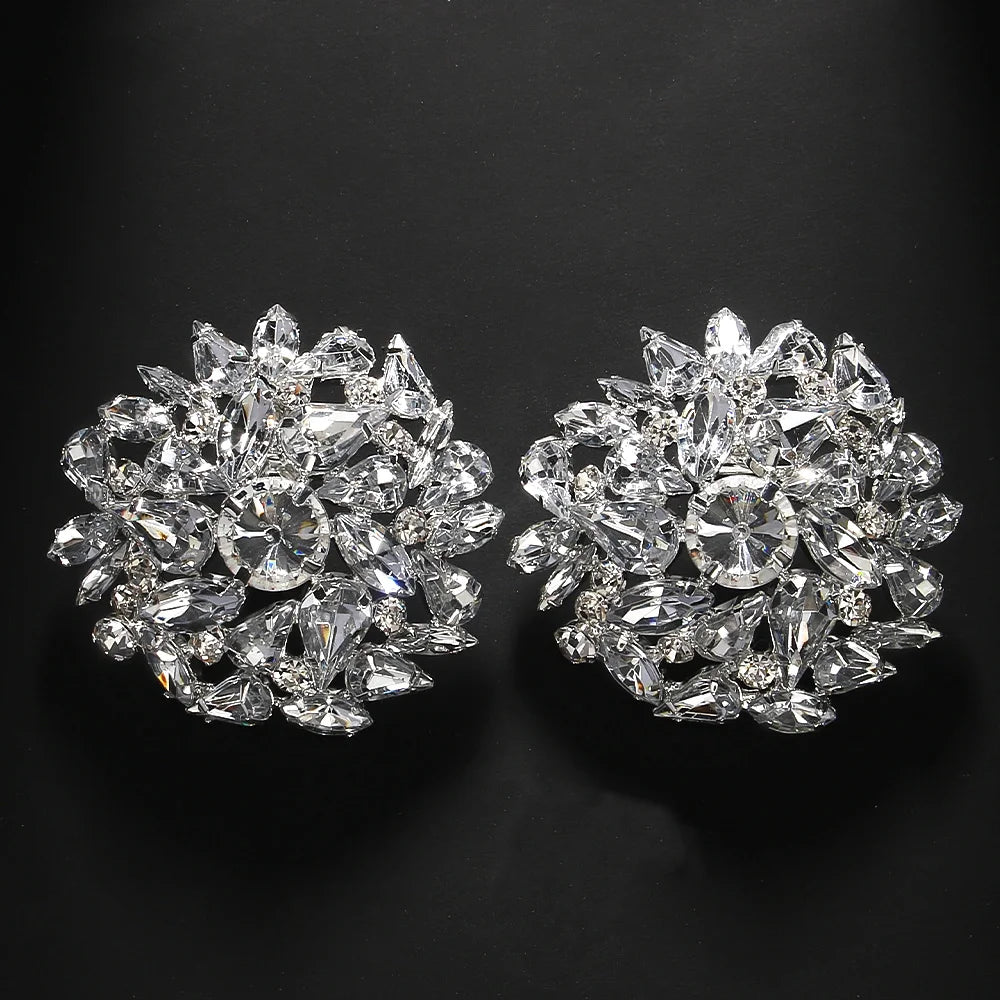 Fashion Round Clip Earrings – Geometric Bling Wedding Jewelry for Women, Rhinestone Clip-On Earrings, No Piercing Christmas Gift