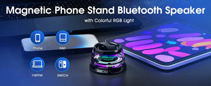 Mini Travel Bluetooth Speaker – Portable Outdoor Stereo with Magnetic Base, RGB Lights & Phone Holder for iOS