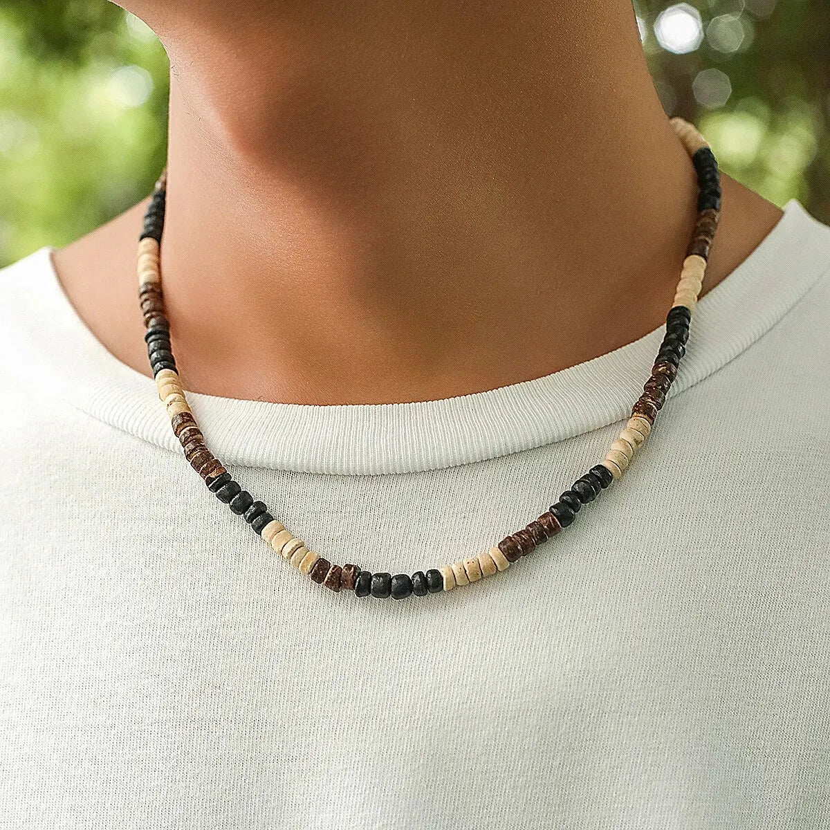 Men’s Summer Beach Wooden Bead Necklace – Handmade Tribal Surfer Jewelry with Geometric Steampunk Design