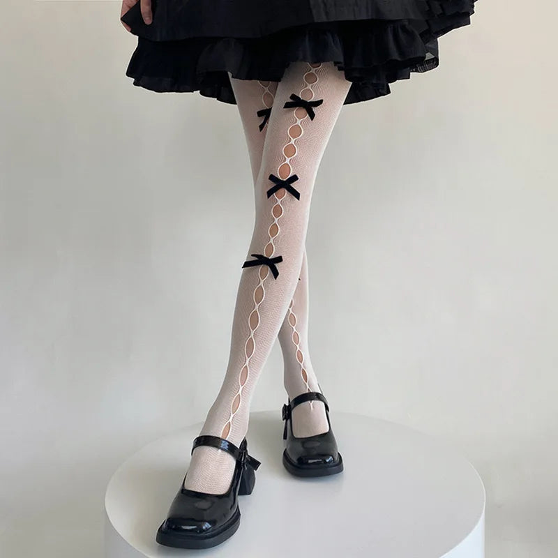 Bowknot Lace Fishnet Pantyhose - Y2K Hollow Out Tights for Women