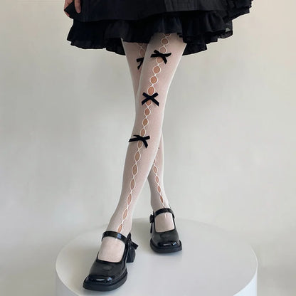 Bowknot Lace Fishnet Pantyhose - Y2K Hollow Out Tights for Women