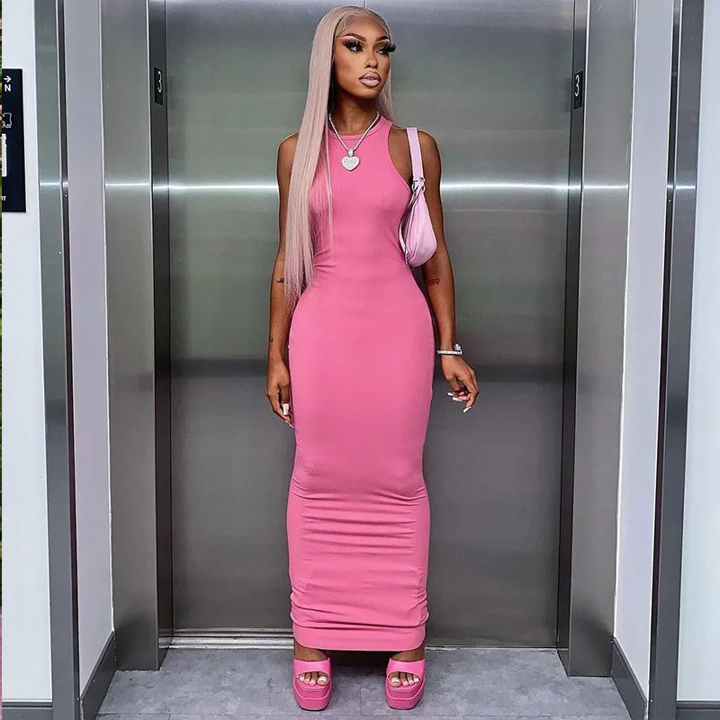 Hugcitar Ribbed Bodycon Maxi Dress - Y2K Sleeveless Sexy Club Party Streetwear Outfit for Women