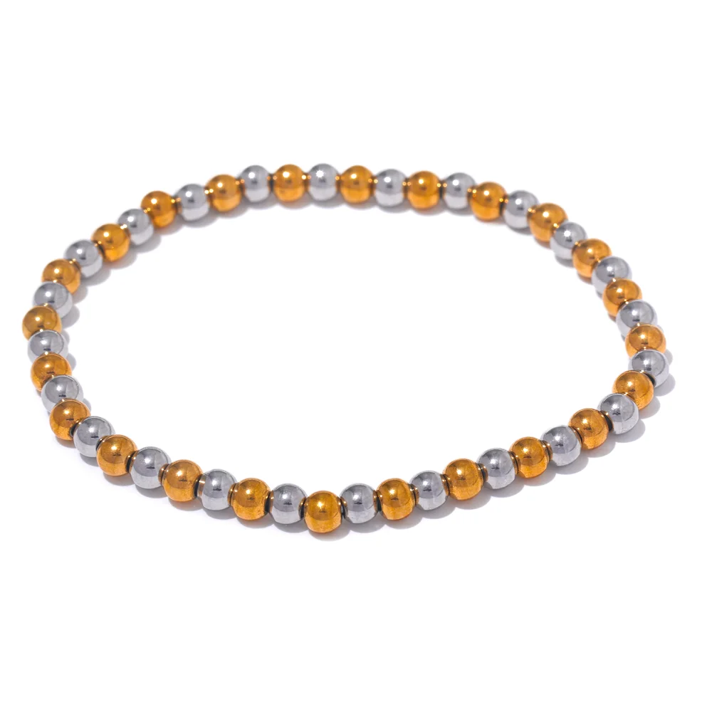 Yhpup Stainless Steel Beaded Elastic Bracelet – Waterproof Gold Tone Handmade Bangle, 3–6mm Unisex Daily Jewelry Wholesale Wristwear