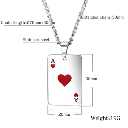 Hip Hop Poker Card Necklace – Stainless Steel Ace of Spades & Hearts Pendant Chain for Men