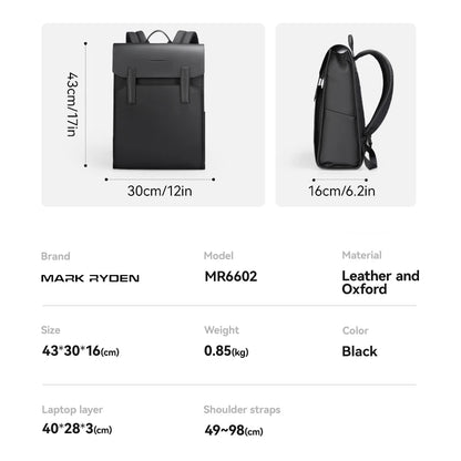 Mark Ryden Classic Business Black Leather Backpack – 15.6" Laptop, Waterproof, School & Work Bag for Men