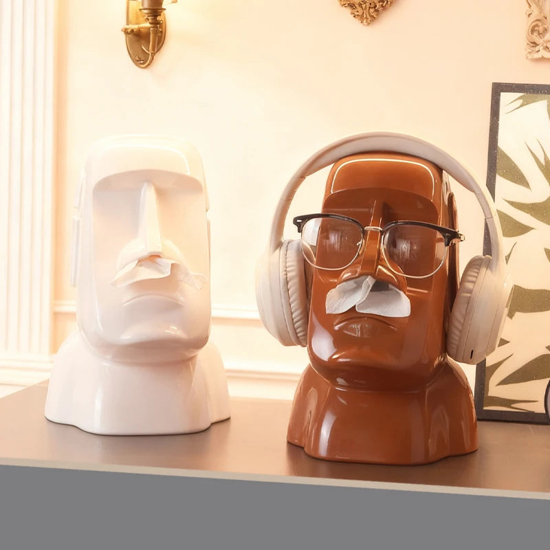 Miniso Moai Stone Statue Tissue Box & Glasses Holder – Multifunctional Home Decor Stand