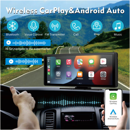 10.26" CarPlay Android Auto Car Stereo - IPS Touchscreen Multimedia Player with AUX, USB & Reversing Camera Support