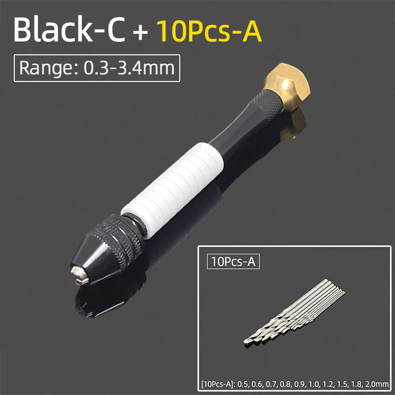 Mini Aluminum Hand Drill 0.3–3.4mm – Keyless Chuck Micro Rotary Tool with HSS Twist Drill Bit Set for Wood & DIY Crafts