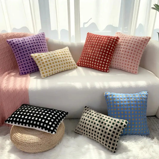 BUYNOW Plush Grid Pillowcase - Cute Decorative Sofa Cushion Cover for Living Room Home Decor