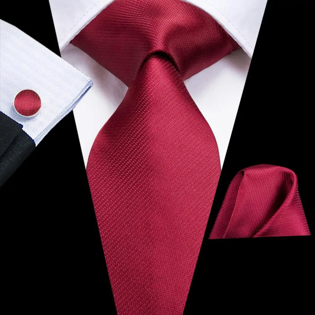 Hi-Tie Red Burgundy Plaid Silk Tie Set — Designer Men’s Necktie with Handkerchief & Cufflinks for Wedding or Business