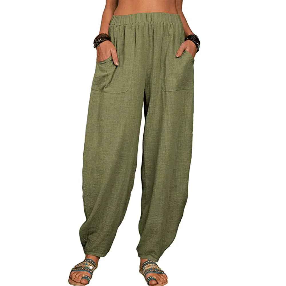 Women’s Casual Cotton Linen Harem Pants – Loose Fit Wide Leg Summer Lounge & Homewear Breathable Long Trousers LRFZ-922