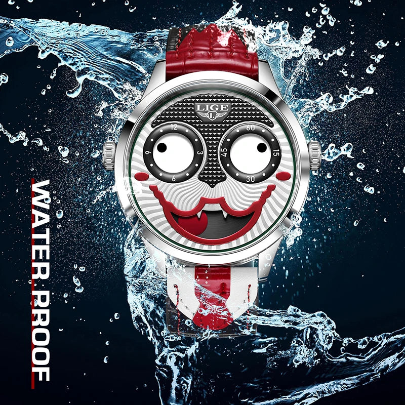 LIGE 2025 Men’s Creative Clown Quartz Watch – Waterproof Leather Strap Joker Fashion Wristwatch