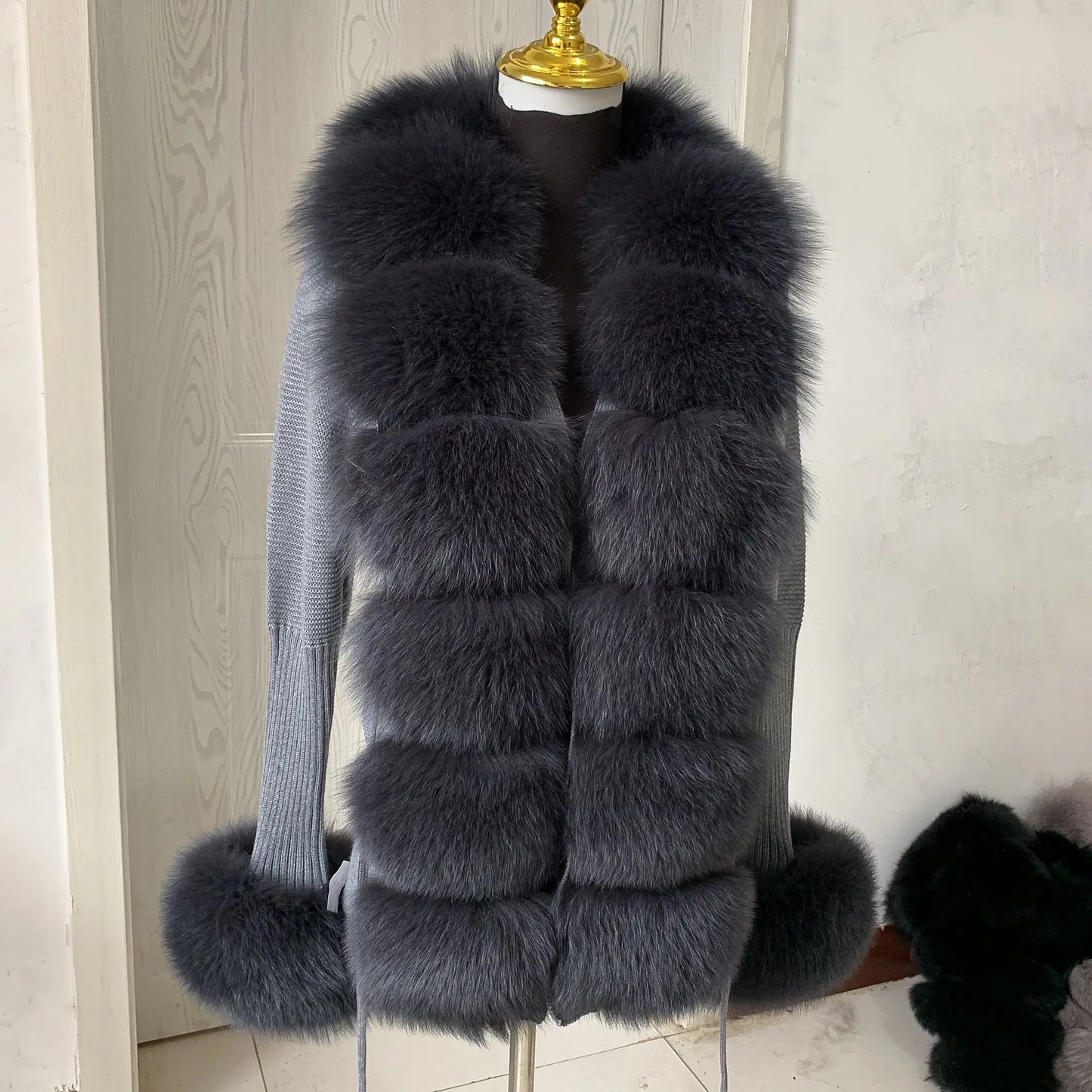 Women’s Spring & Autumn Sweater Cardigan – Real Fox Fur Collar Jacket, Natural Fur Outerwear