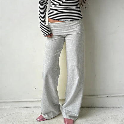 Women's Wide Leg Fold Over Pants - Solid Color Y2K Casual Streetwear Trousers