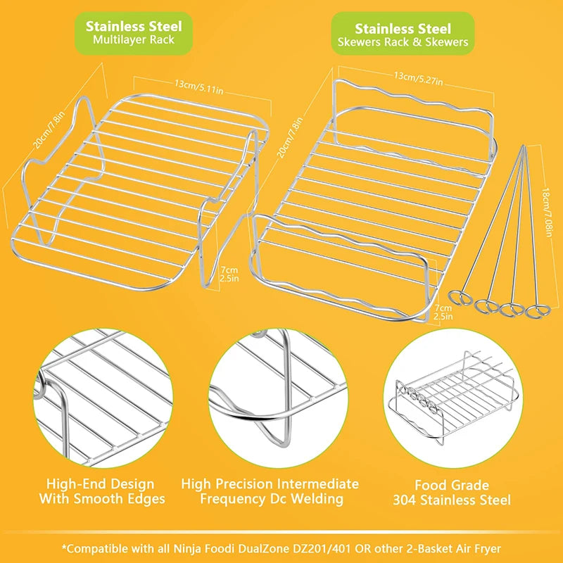 Rectangle Air Fryer Rack Set – Compatible with Ninja DZ201/DZ401, Double Basket Grill & Baking Racks