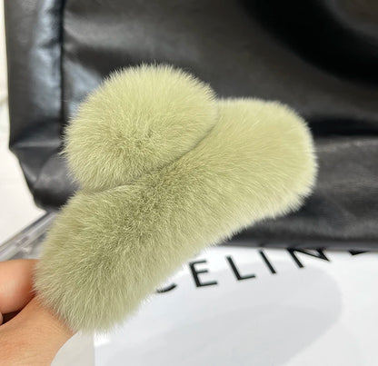 Winter Fuzzy Hair Claw for Women – Warm Fluffy Natural Rex Rabbit Fur Hair Clip, Elegant Fashion Party Accessory
