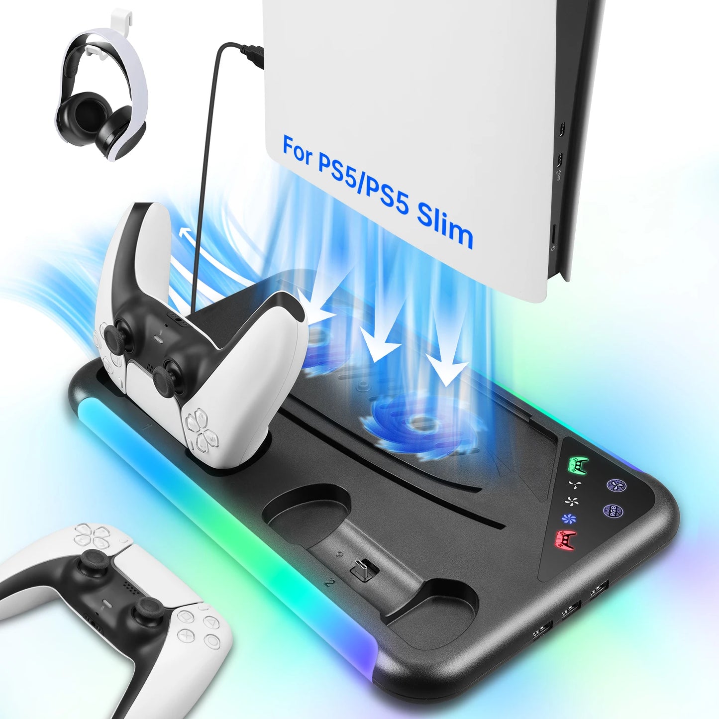 PS5 / PS5 Slim Cooling Stand with RGB LED Fan – 3-Level Adjustable Cooling Station for Disc & Digital Console Editions