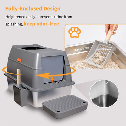 Extra Large Enclosed Stainless Steel Cat Litter Box with Lid – High Wall Metal Litter Pan for Big Cats