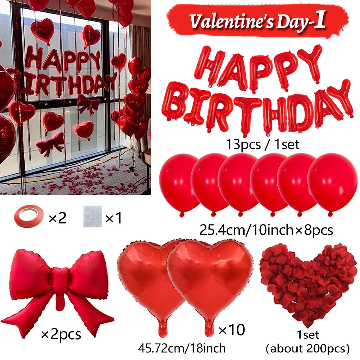Red Birthday Balloon Set - Heart Foil Balloons with Bow & Simulated Rose Petals for Valentine’s Day Party Decor