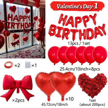 Red Birthday Balloon Set - Heart Foil Balloons with Bow & Simulated Rose Petals for Valentine’s Day Party Decor