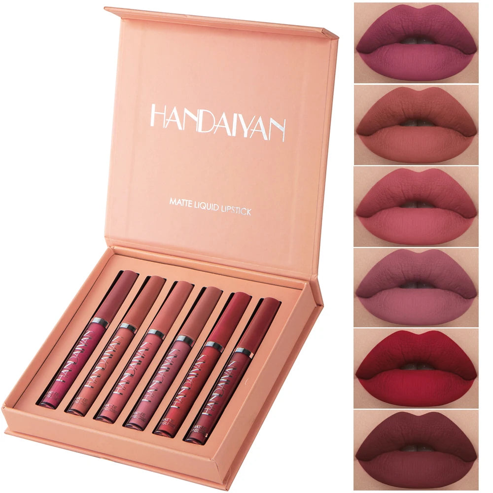 HANDAIYAN 6-Piece Matte Liquid Lipstick Set – Long-Lasting, Non-Stick Cup Lip Gloss Gift Box