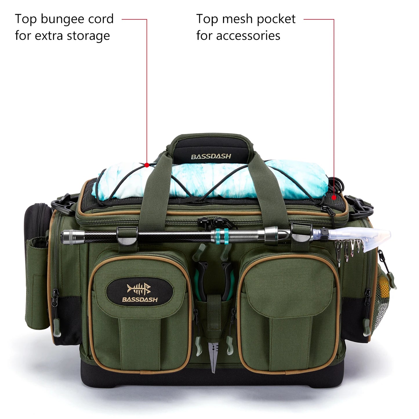 BASSDASH Fishing Tackle Shoulder Bag – Water-Resistant, Lightweight Gear Storage Pack with Hard Molded Bottom and Rain Cover
