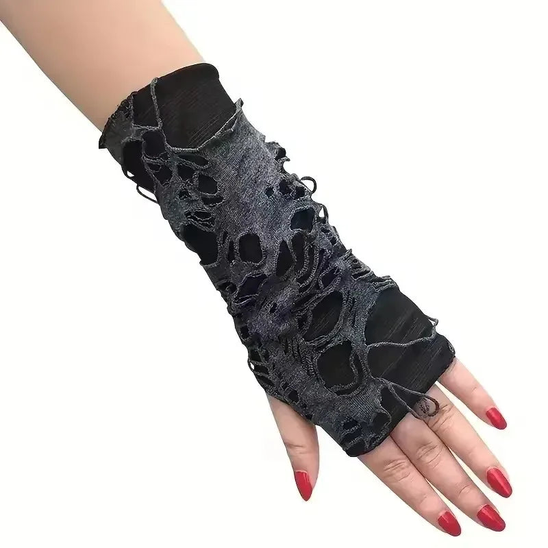 Gothic Fingerless Tear Gloves - Unisex Stretchy Fashion Gloves for Party & Cosplay Wear