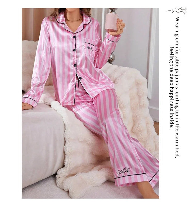 Women’s Stripe Print Satin Pajama Set – Victorian Style Long Sleeve Top & Pants Autumn Sleepwear
