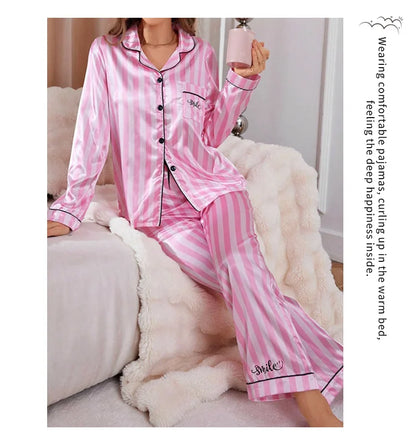 Women’s Stripe Print Satin Pajama Set – Victorian Style Long Sleeve Top & Pants Autumn Sleepwear