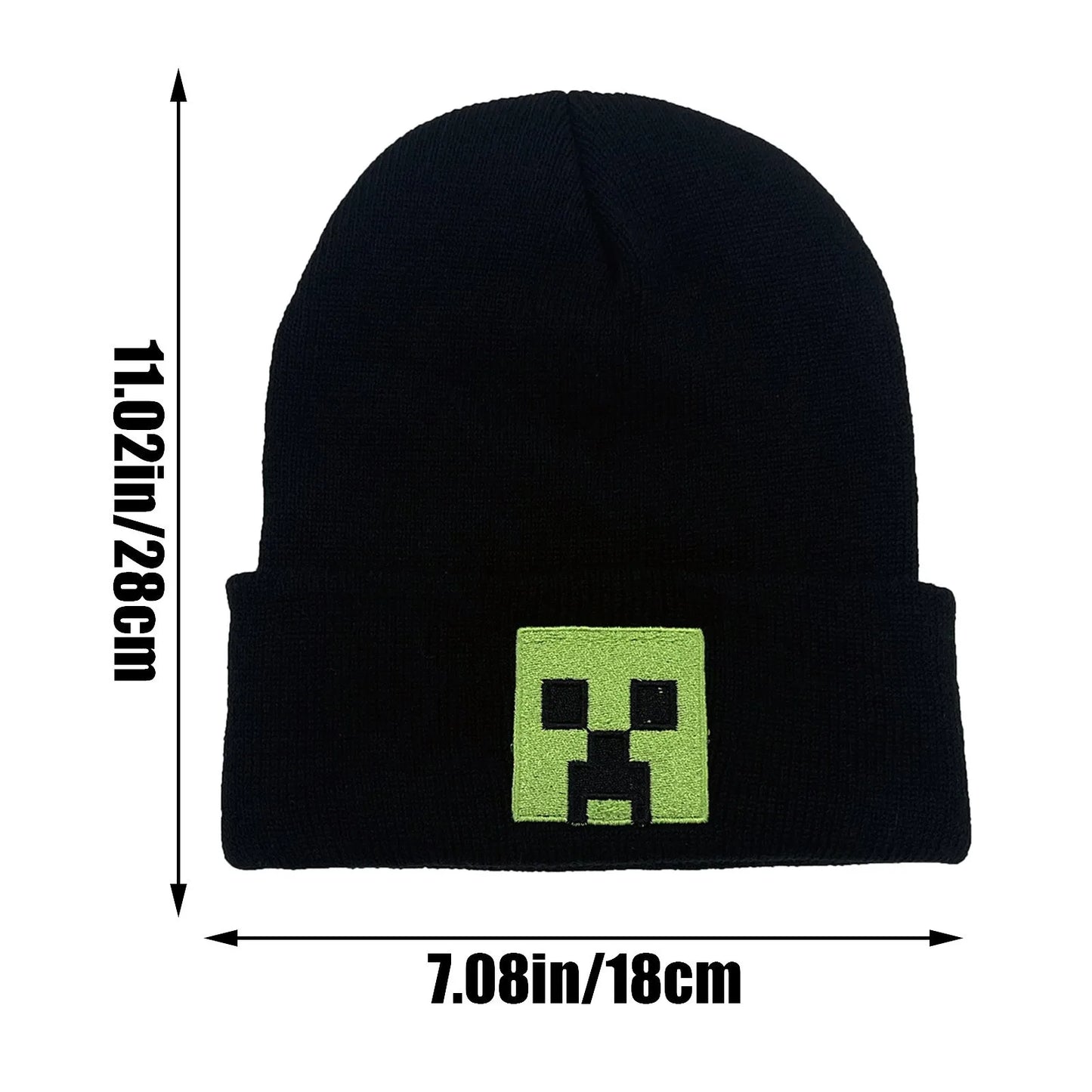 Unisex Black Knit Beanie Hat – Embroidered Green Face Design, Warm Winter Cap for Men & Women