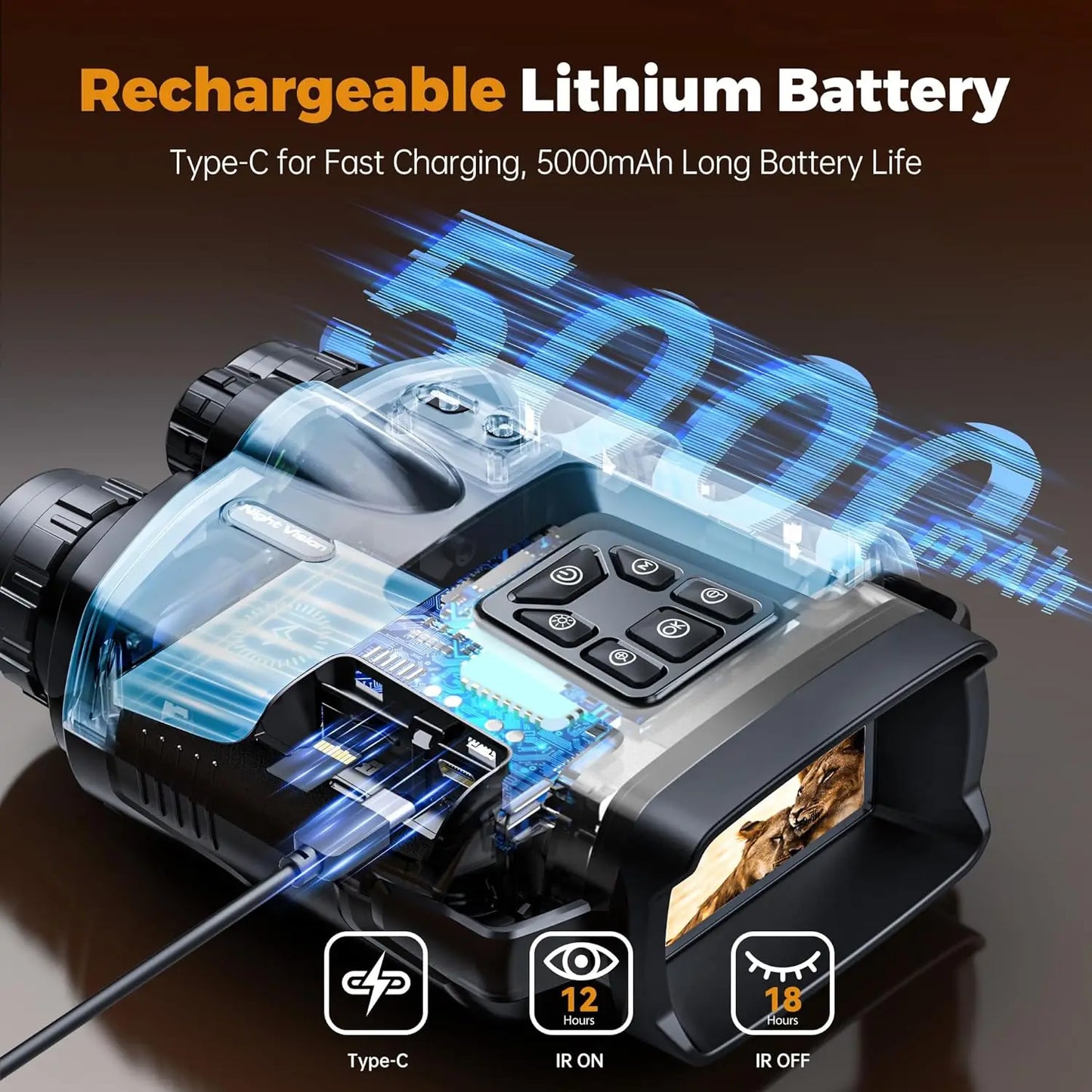 4K Night Vision Binoculars with 8X Digital Zoom – 5000mAh Rechargeable Infrared Goggles for Hunting & Surveillance