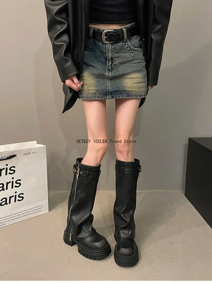 Winter Women's Biker Boots – Fashion Belt Buckle Knee-High Platform Booties