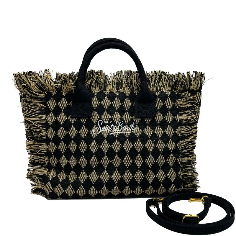 SAINT BARTH Houndstooth Crossbody Bag – Small Cotton Linen Handmade Tote with Tassels for Women