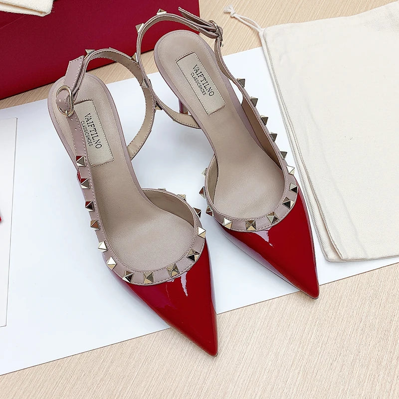 Women’s 2025 Luxury High Heel Sandals – Metal Rivet Gladiator Pointed Toe Stiletto Summer Party Shoes